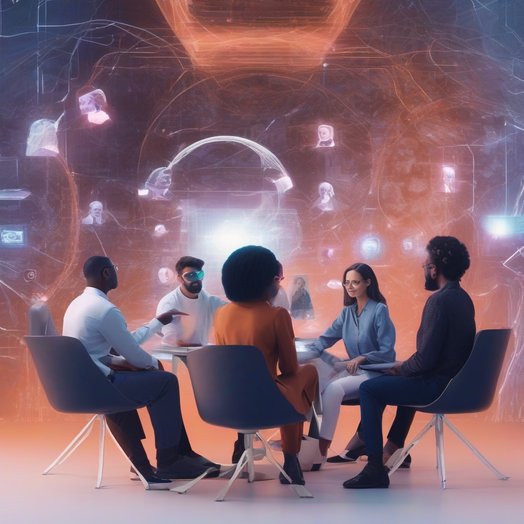 Diverse group of marketers collaborating on futuristic interfaces