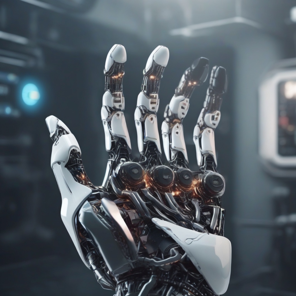 A futuristic robot hand touching a digital interface