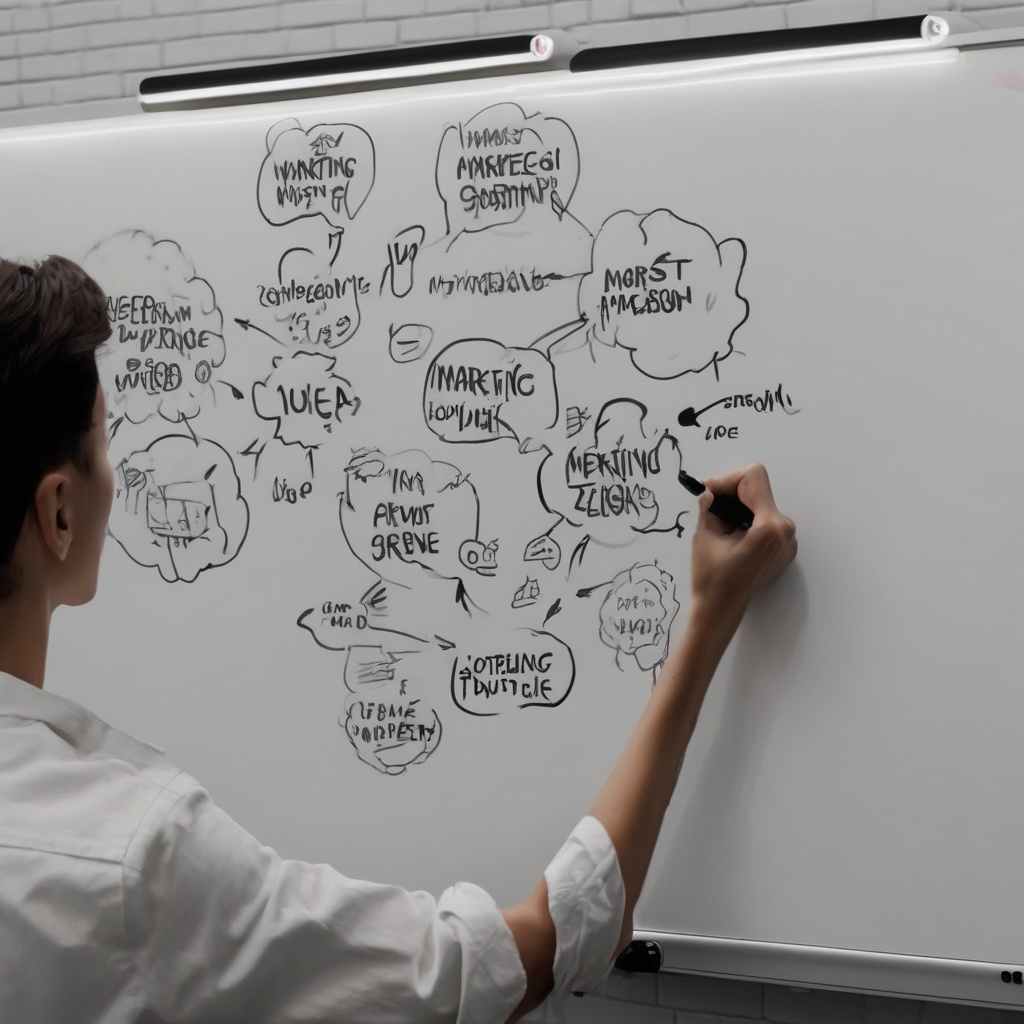 A person sketching marketing ideas on a whiteboard