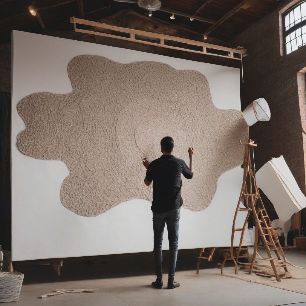 A person crafting a story on a large canvas, representing the creative process of storytelling in marketing